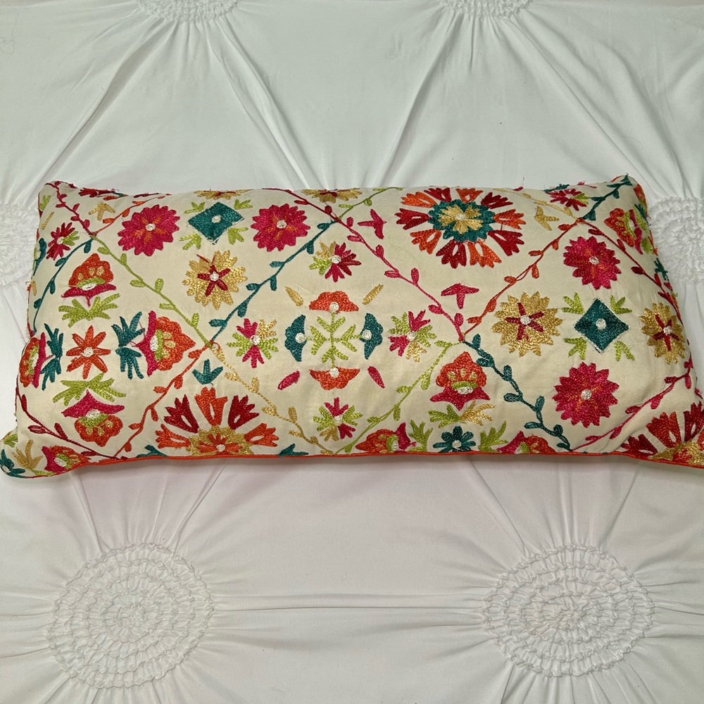 Pier 1 Colorful Floral Embroidered Lumbar Decorative Pillow